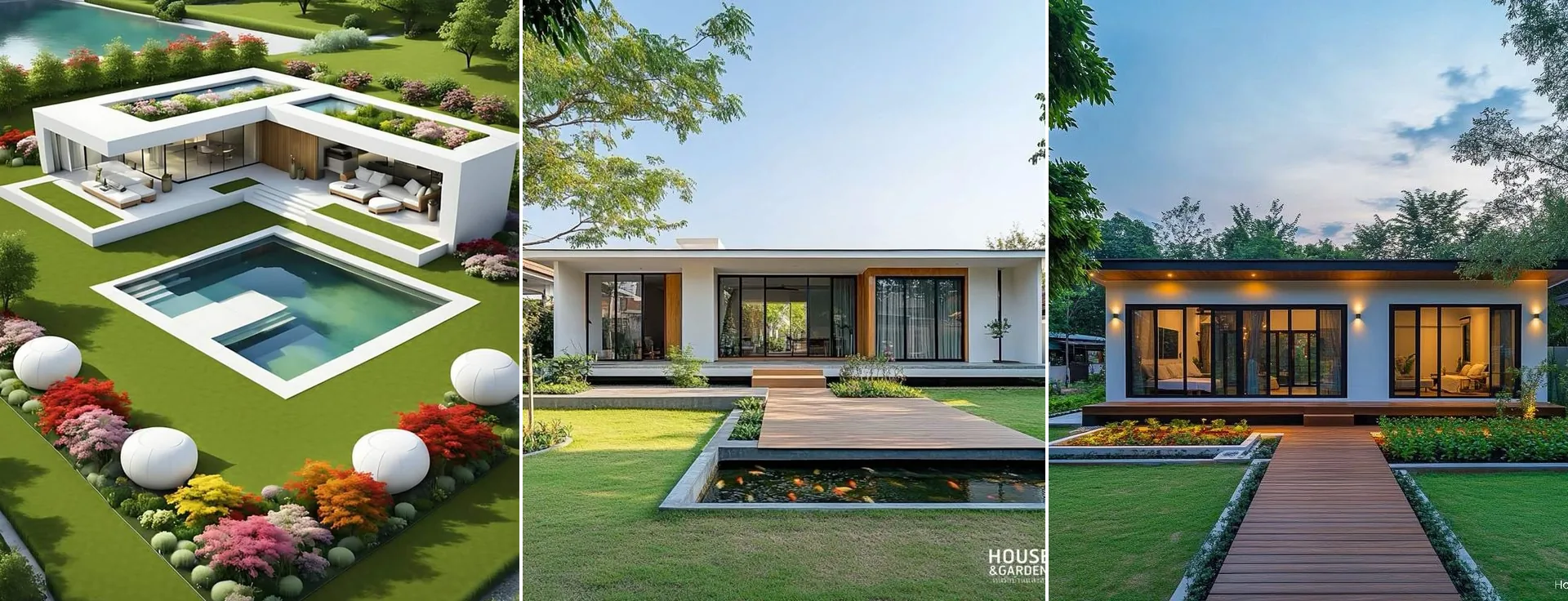 Trois maisons contemporaines, leurs terrasses et leurs jardins